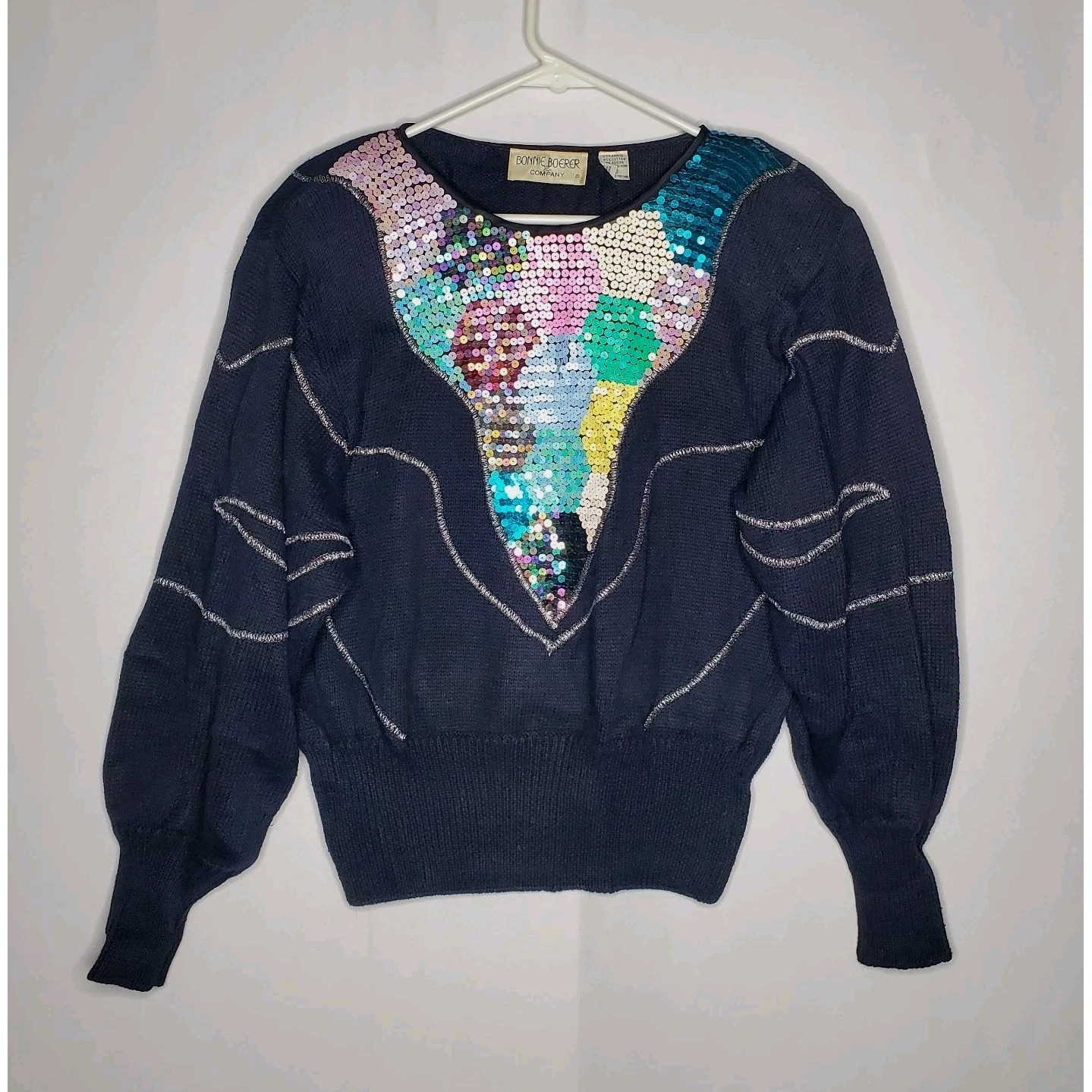 Vintage Bonnie Boerer 80s Sequin Knit Sweater Womens Medium Ramie Cotton Glam